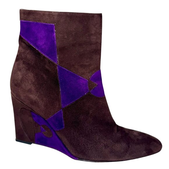 FENDI Geometic Brown Purple Suede Wedge Boots Futuristic Y2K Aesthetic Size 8.5 - Picture 1 of 16